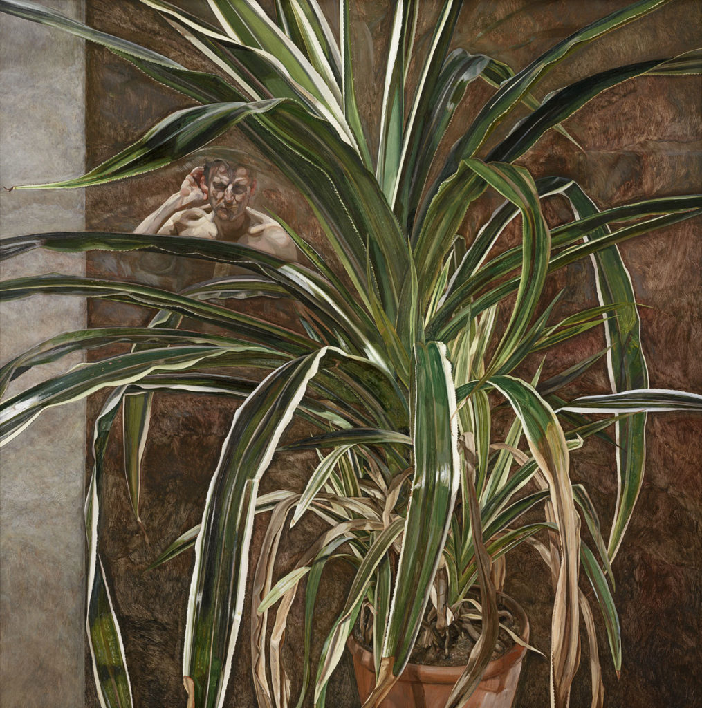 Lucian Freud, "Interior with Plant, Reflection Listening, (Self‐Portrait)," 1967–1968, Oil on canvas. (Courtesy, Museum of Fine Arts, Boston)