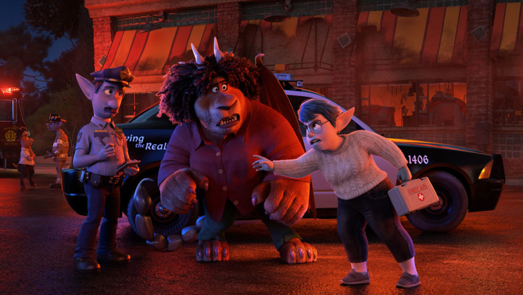 In "Onward," the Manticore (center) and the brothers' mom fade into supporting roles. (©2019 Disney/Pixar)