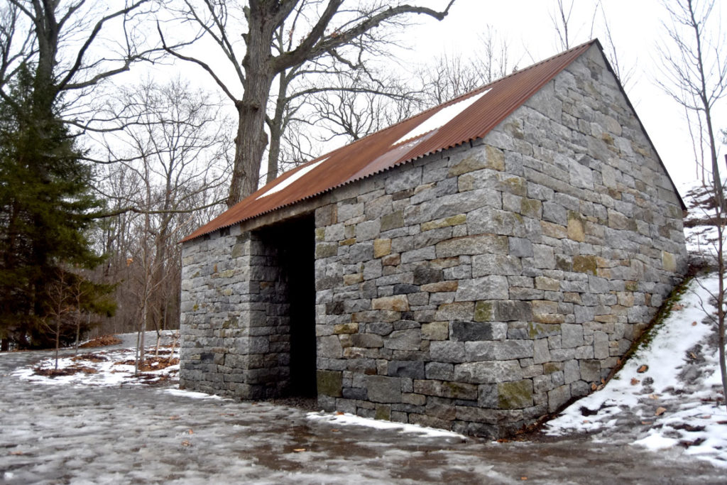 Andy Goldsworthy, "Watershed," 2019, at deCordova Sculpture Park and Museum, Lincoln, Massachusetts, Jan. 25, 2020. (Greg Cook photo)
