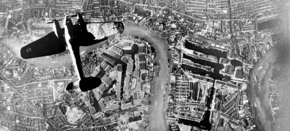 During World War II, a German Luftwaffe Heinkel He 111 bomber flys over the East End of London at the start of the Luftwaffe's evening raids on Sept. 7, 1940. (German Air Force photographer / Public Domain)