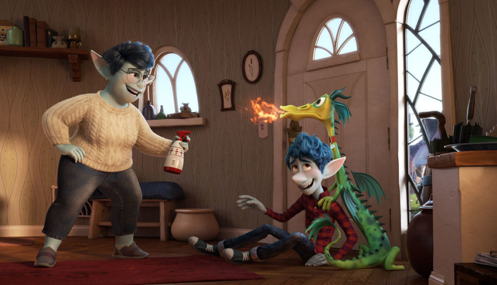 In "Onward," normal suburban life includes a friendly pet dragon. (©2019 Disney/Pixar)