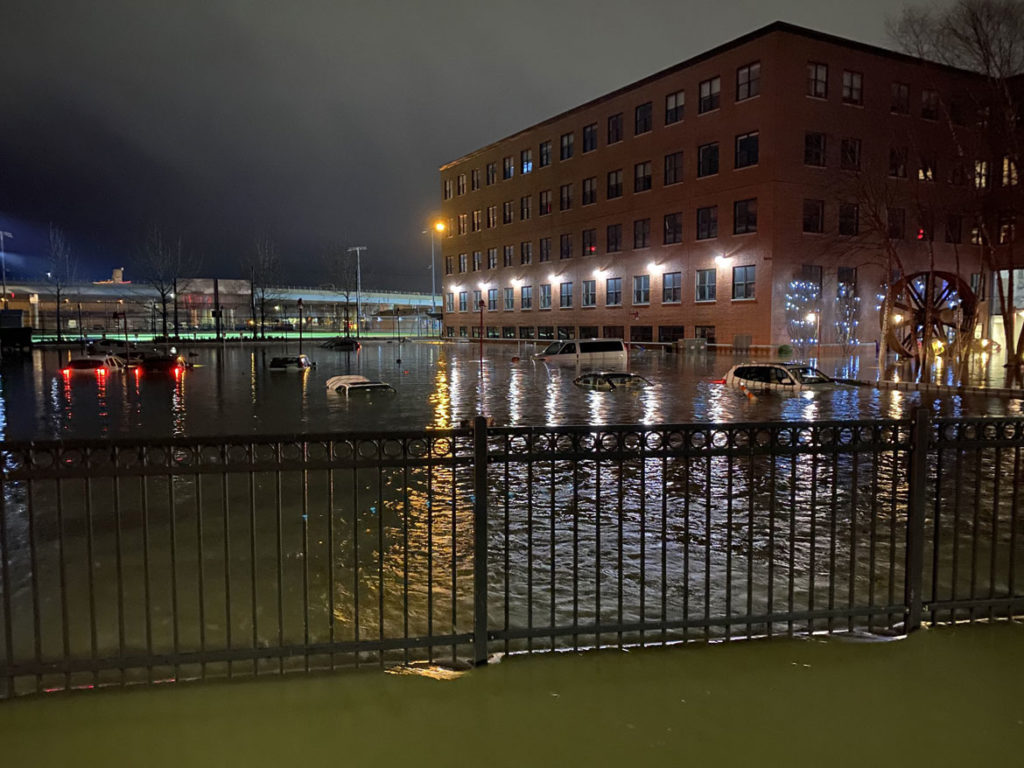 A water main break flooded the parking lot at 500 Harrison Ave. in Boston's South End, April 14, 2020. (Boston Fire Department photo)