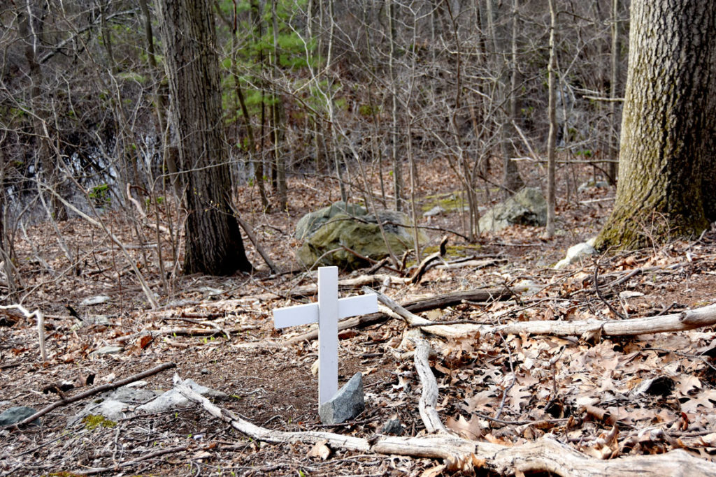 Unmarked cross on hillside at Pine Banks Park in Melrose and Malden, April 20, 2020. (Greg Cook photo)