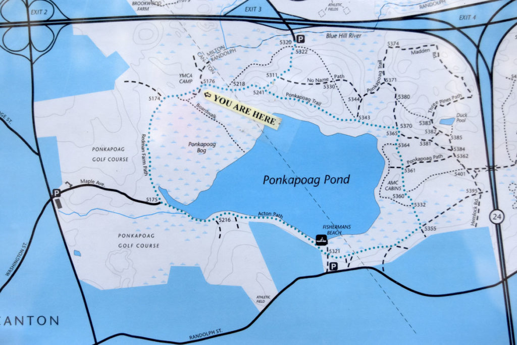 Map to Ponakpog boardwalk at the Blue Hills Reservation in Milton, Massachusetts. Route 95 runs along the top of the map. (Greg Cook photo)