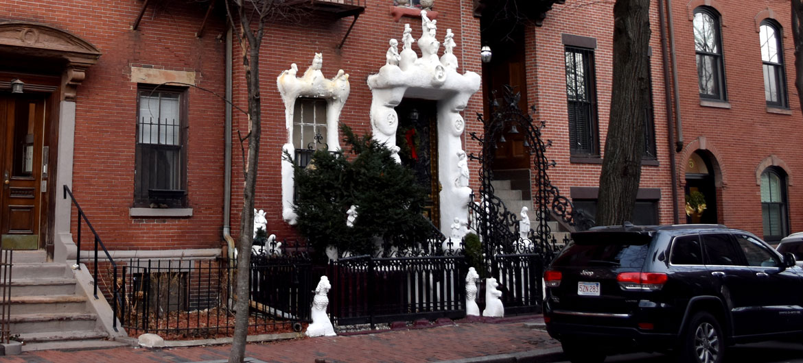 Sculptures decorate 9 Dwight St., Boston, Jan. 4, 2019. (Greg Cook photo)