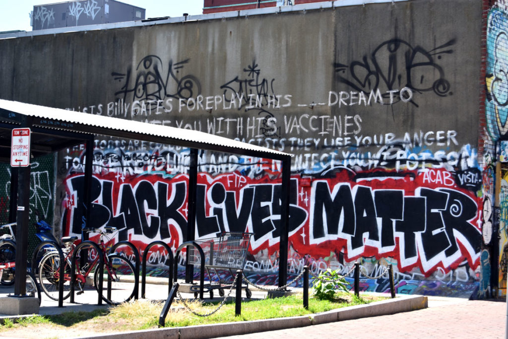 "Black Lives Matter" mural at Graffiti Alley, Central Square, Cambridge, June 18, 2020. (© Greg Cook photo)