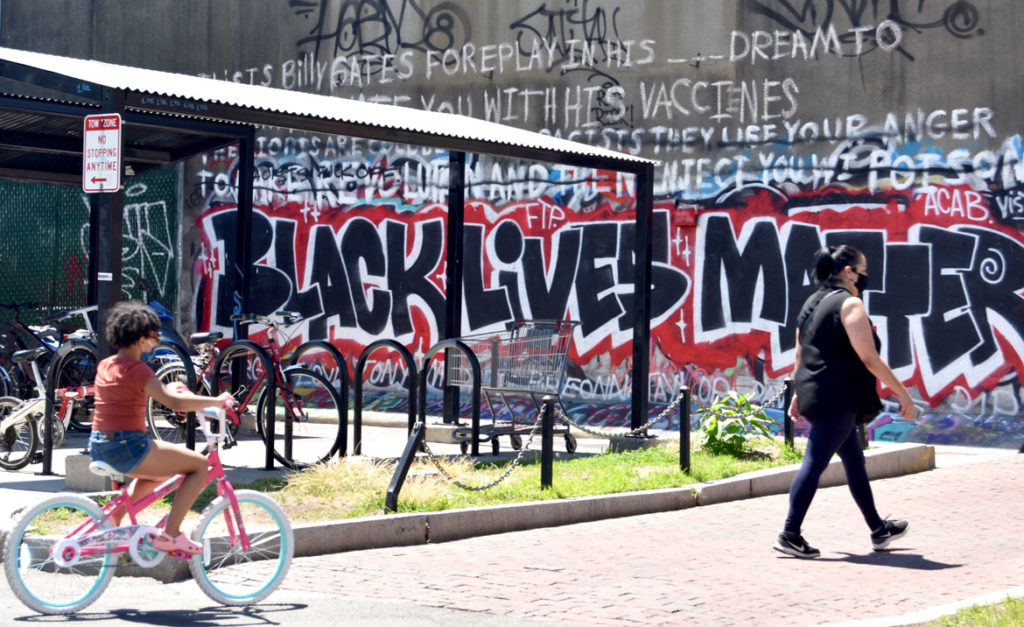 "Black Lives Matter" mural at Graffiti Alley, Central Square, Cambridge, June 18, 2020. (© Greg Cook photo)