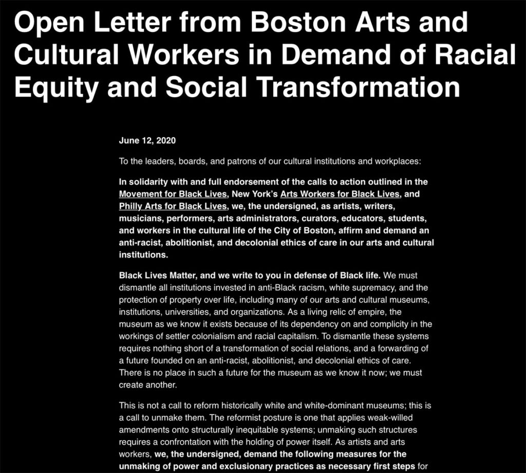"Open Letter from Boston Arts and Cultural Workers in Demand of Racial Equity and Social Transformation," June 17, 2020.