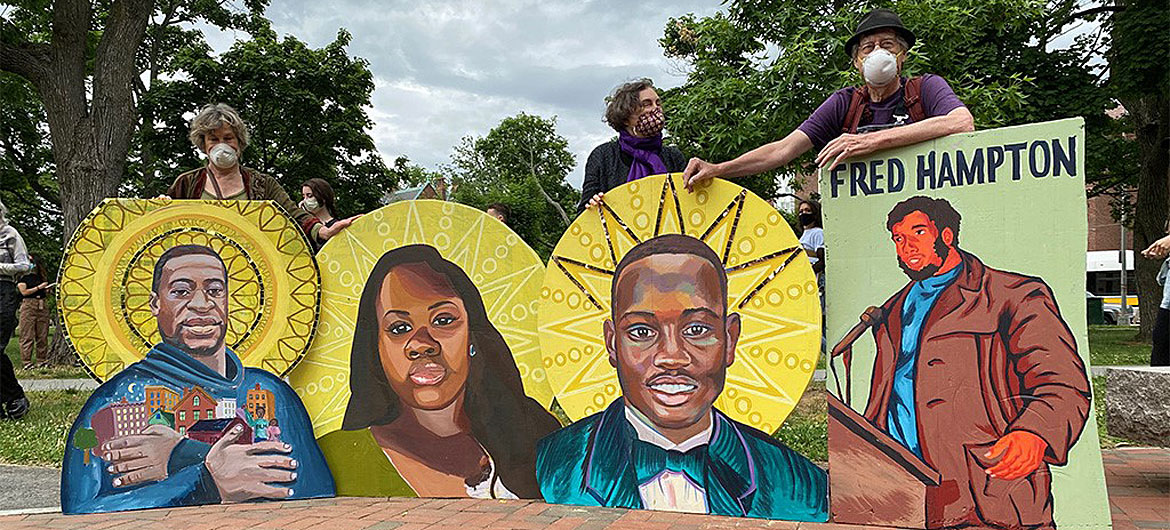 David Fichter (right) with the protest icons at The Movement Continues rally at Cambridge Common, June 7, 2020. (Photo: Marc Levy / Cambridge Day)