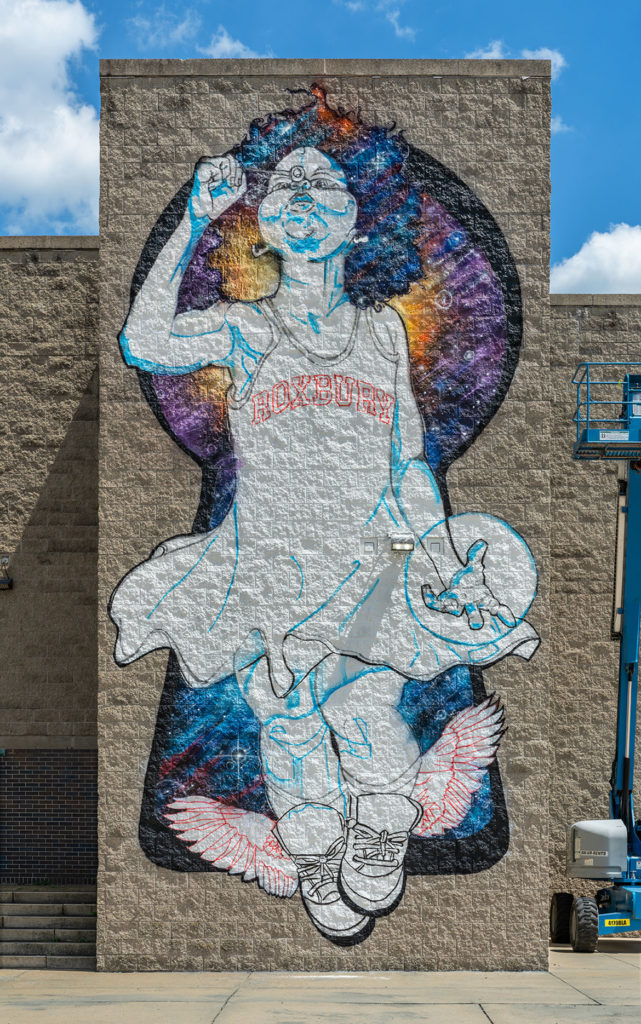 Rob "ProBlak" Gibbs's "Breathe Life" mural (in progress) at Boston's Madison Park Technical Vocational High School, June 21, 2020. (Courtesy Museum of Fine Arts, Boston)