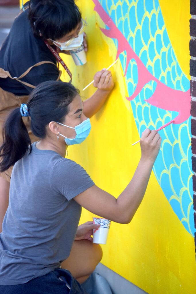 Painting mural at Wah Lum Kung Fu & Thai Chi Academy in Malden, July 25, 2020. (Photo ©Greg Cook)