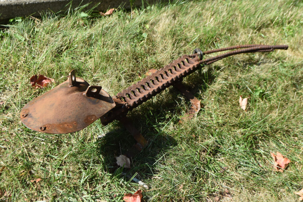Jeremie Pocachard's "Crocodog: The Home Guardian" in "Metal-ity" at ArtSpace Maynard, Sept. 25, 2020. (© Greg Cook photo)