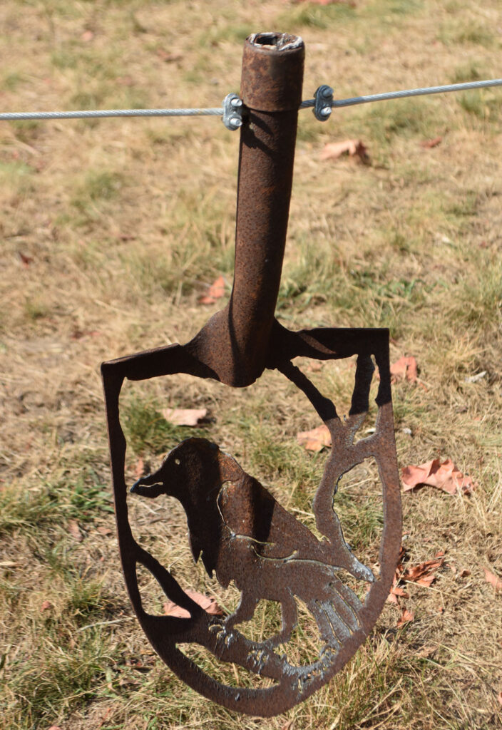 Yvette Monstad's "Pennant Flag Shovel Head" in "Metal-ity" at ArtSpace Maynard, Sept. 25, 2020. (© Greg Cook photo)