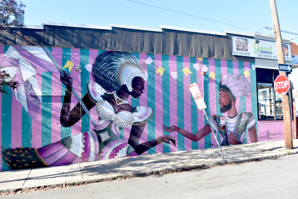 "Doña Patria" mural by Alexandre Keto at 102 Broadway, Somerville, completed October 2020. (Photo © Greg Cook)