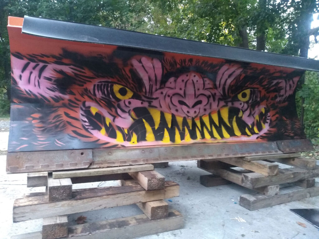 "Batbeast" snowplow design by Rhonda Ratray with help from her art students from Vermont School for Girls for the North Bennington, Vermont, highway department, October 2020. (Courtesy Rhonda Ratray)