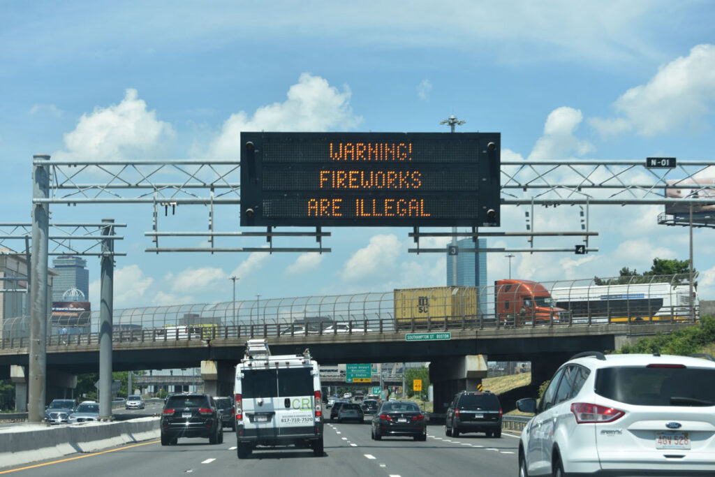 Many complained of more fireworks being shot off in neighborhoods than usual during summer 2020. A sign on Route 93 in Boston warns "Fireworks are Illegal," June 23, 2020. (©Greg Cook photo)