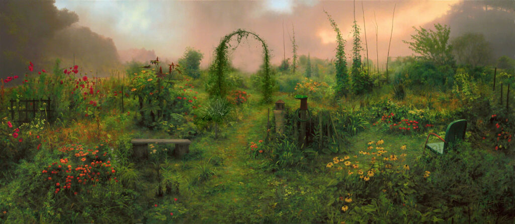 Scott Prior, "Community Garden at Sunrise," 2004, oil on canvas. (Collection of the New Britain Museum of American Art)
