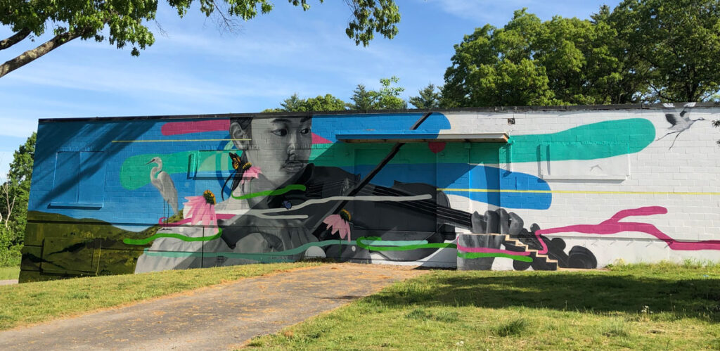 Cedric "Vise1" Douglas's mural at the former Medfield State Hospital, May 2021. (Courtesy Cultural Alliance of Medfield)