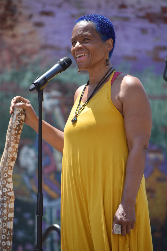 Ife Franklin at her Juneteenth Celebration at Black Market Nubian Square as part of the premiere of her film "The Slave Narrative of Willie Mae," June 19, 2021. (©Greg Cook photo)