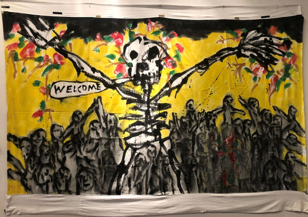 'Bedsheet Mitigations' painting by Bread And Puppet Theater's Peter Schumann. (Photo by Milan Kohout)
