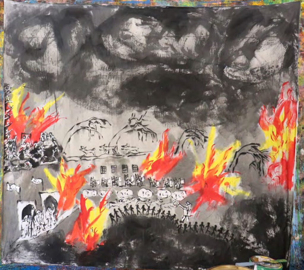 'Bedsheet Mitigations' painting by Bread And Puppet Theater's Peter Schumann.