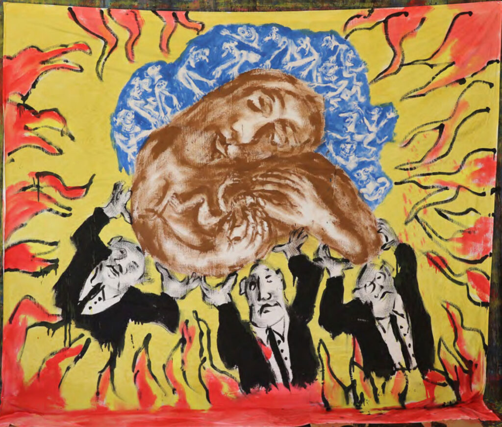 'Bedsheet Mitigations' painting by Bread And Puppet Theater's Peter Schumann.