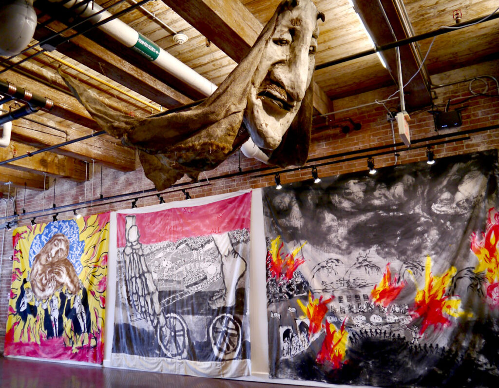 'Bedsheet Mitigations' exhibition by Bread And Puppet Theater's Peter Schumann at Midway Gallery, Boston, June 2021. (Photo by Milan Kohout)