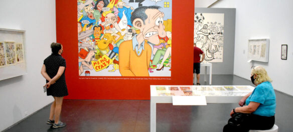 Gallery with enlargement of Jay Lynch’s cover for “Arcade No. 5,” 1976. In “Chicago Comics” at Chicago’s Museum of Contemporary Art, July 3, 2021. (©Greg Cook photo)