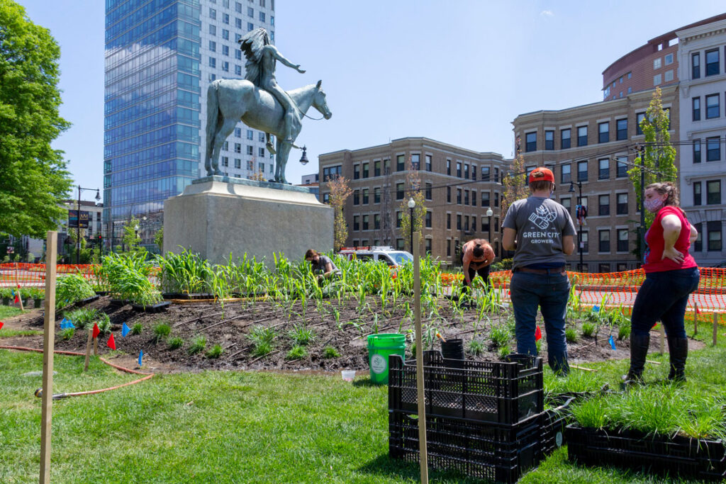 Planting Elizabeth James-Perry's “Raven Reshapes Boston” garden at the Huntington Avenue lawn on Boston's Museum of Fine Arts, May 17, 2021. (Photo © Museum of Fine Arts, Boston)