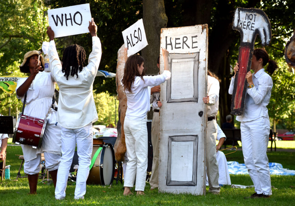 Bread and Puppet Theater performs its pageant at Cambridge Common, Sept. 4, 2021. (©Greg Cook photo)