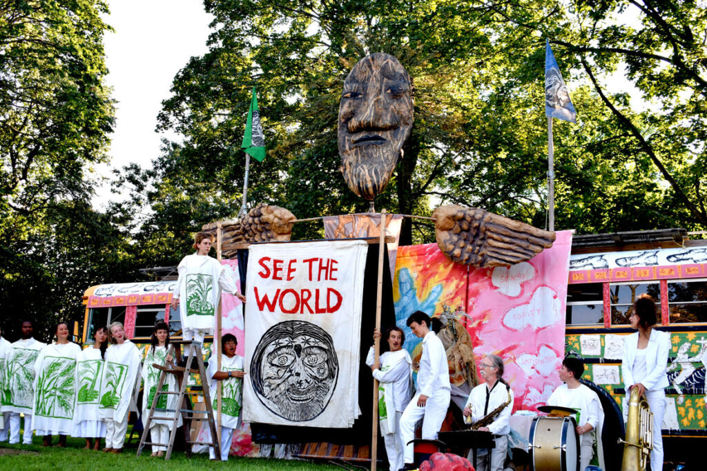 Bread and Puppet Theater's performs "Hallelujah" at Cambridge Common, Sept. 4, 2021. (©Greg Cook photo)