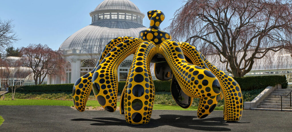 Yayoi Kusama, "Dancing Pumpkin," 2020, at The New York Botanical Garden, 2021. Urethane paint on bronze. (Courtesy of Ota Fine Arts, Victoria Miro, and David Zwirner. Photo by Robert Benson Photography)