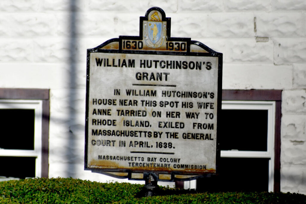 Marker on Beale Street in Quincy marking Anne Hutchinson's home where she "tarried" on her way to exile in 1638. (©Greg Cook photo)