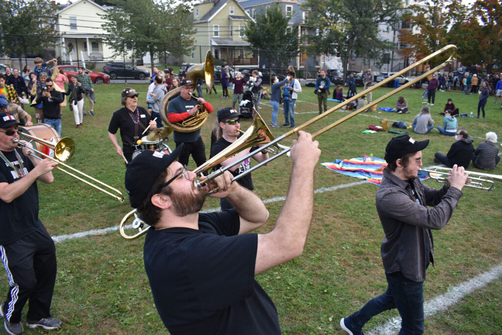 Dirty Water Brass Band performs at Nunziato Park, Somerville, Oct. 9, 2021. (©Greg Cook photo)