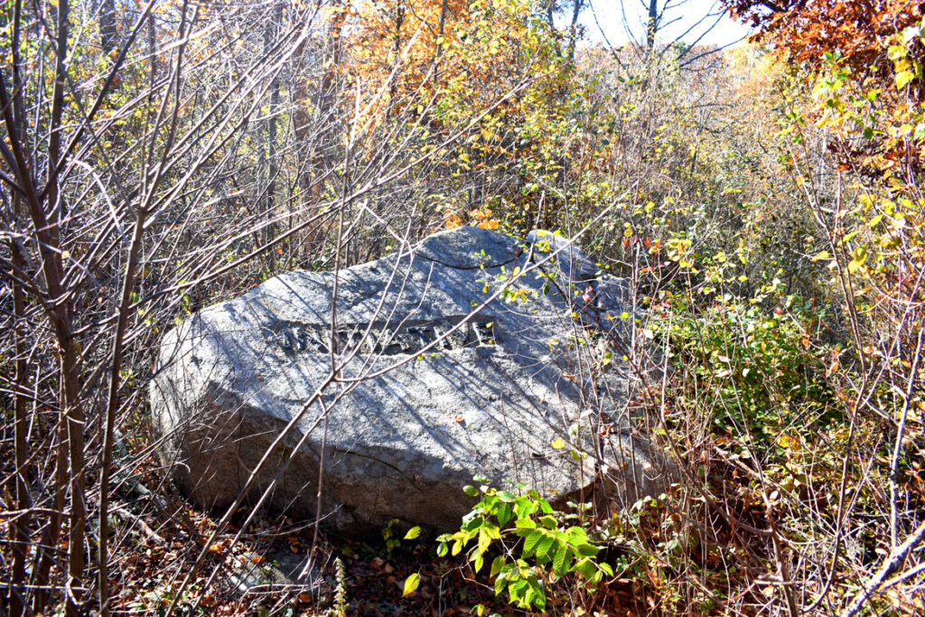 Initiative boulder in Gloucester's Dogtown woods, Nov. 6, 2021. (©Greg Cook photo)