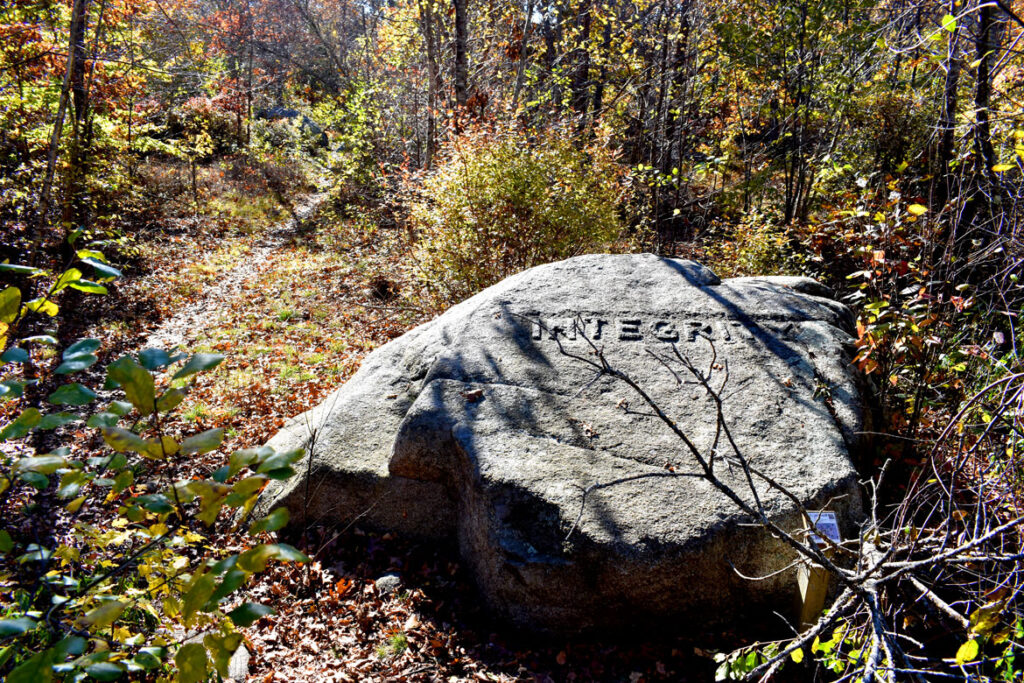 Integrity boulder in Gloucester's Dogtown woods, Nov. 6, 2021. (©Greg Cook photo)