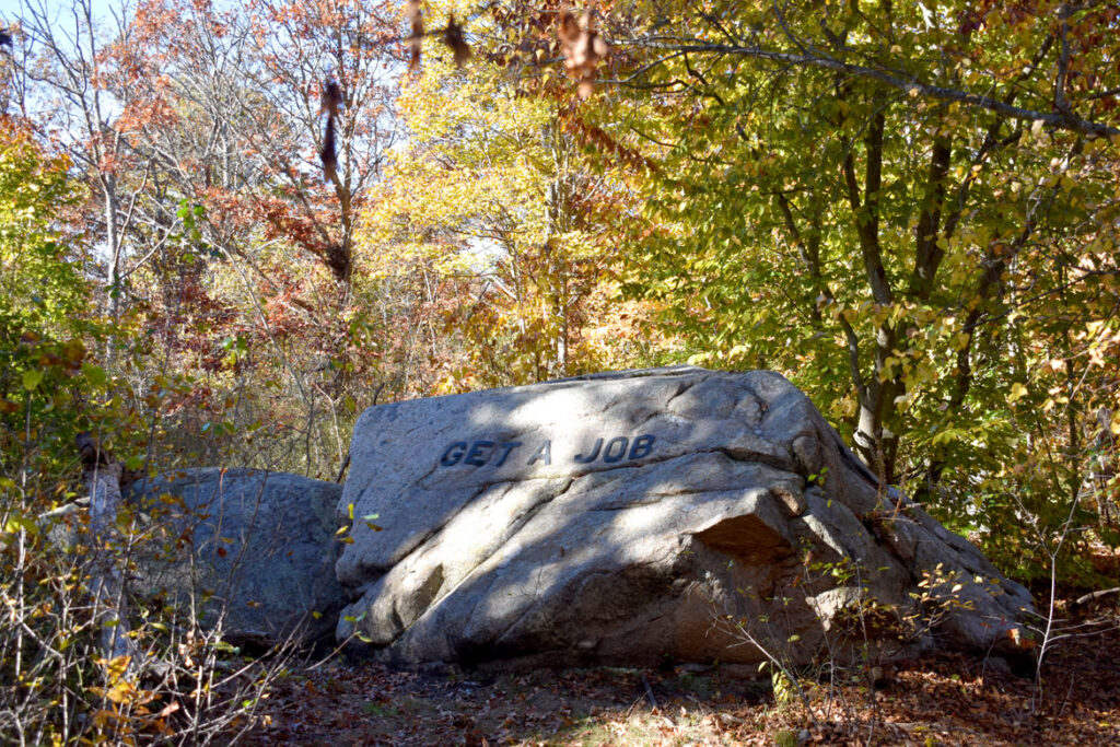 Get A Job boulder in Gloucester's Dogtown woods, Nov. 6, 2021. (©Greg Cook photo)