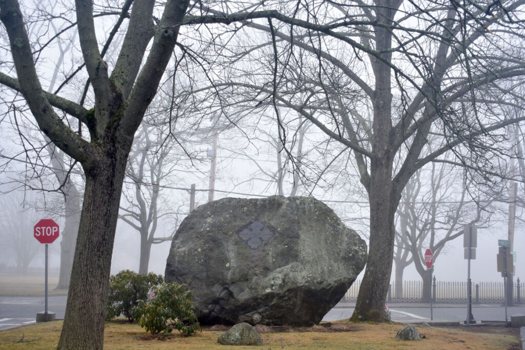 Civil War Monument boulder on Winter Street at North Washington Square, Salem, March 12, 2022. (©Greg Cook photo)