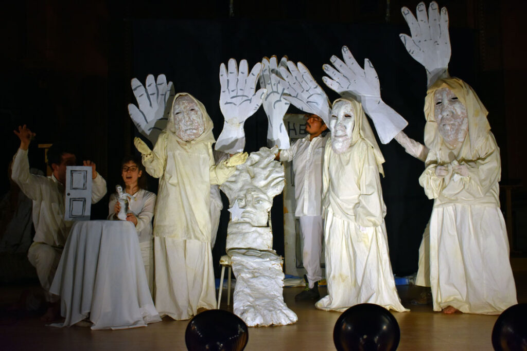 Bread and Puppet Theater performs "Finished Waiting" at First Church in Cambridge, March 22, 2022. (©Greg Cook photo)
