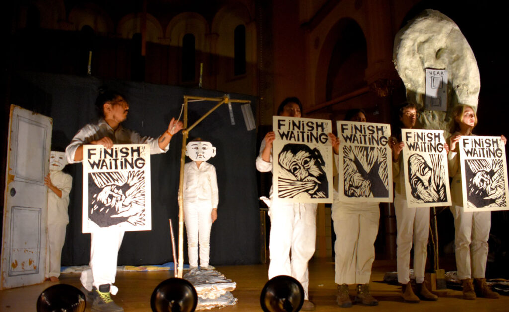 Bread and Puppet Theater performs "Finished Waiting" at First Church in Cambridge, March 22, 2022. (©Greg Cook photo)