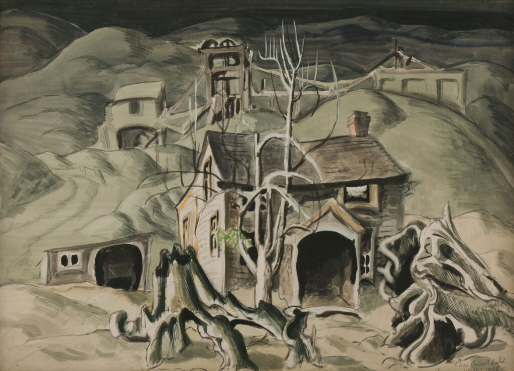 Charles E. Burchfield, "Deserted Miner's Home," 1918, watercolor, gouache and pencil on paper laid down on board. (Burchfield Penney Art Center)