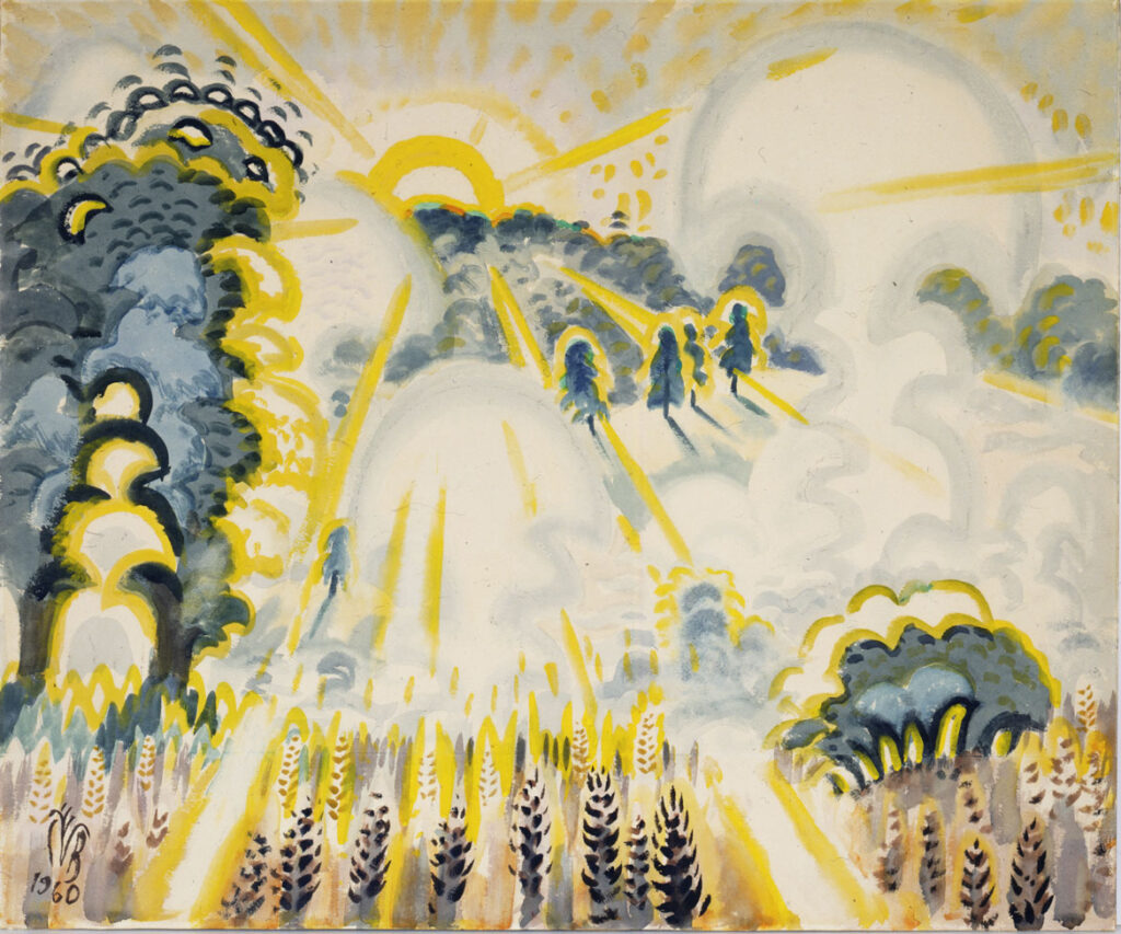 Charles E. Burchfield, "Mist Phantoms at Dawn," 1960, watercolor with charcoal on joined paper mounted on board. (Private collection)