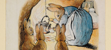 Mrs Rabbit pouring tea for Peter for The tale of Peter Rabbit by Beatrix Potter, 1902. © Victoria and Albert Museum, London, courtesy Frederick Warne & Co Ltd.