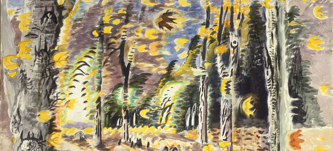 Charles E. Burchfield, "October Wind and Sunlight in the Woods," c. 1963-1966, watercolor chalk, and charcoal on joined paper. (Georgia Museum of Art, The University of Georgia, Athens, Georgia, University Purchase)