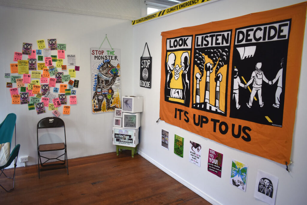 "Earth Day 2022, Time to Panic! The art of protest in the age of climate crisis" at Storefront Art Projects in Watertown, April 2022. (Greg Cook photo)
