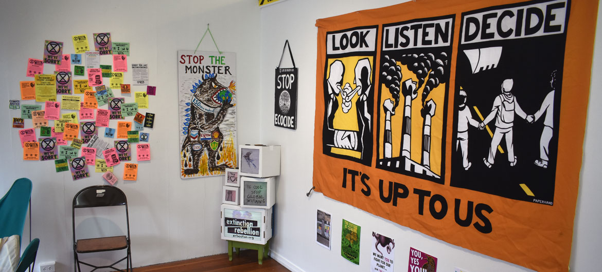 "Earth Day 2022, Time to Panic! The art of protest in the age of climate crisis" at Storefront Art Projects in Watertown, April 2022. (Greg Cook photo)