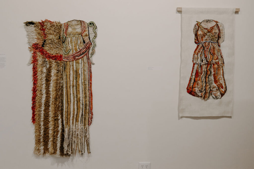 Marilyn Pappas (from left) "Nevertheless She Persisted III: Hygieia with Snakes," 2021, cotton thread on linen; and "The Erosion of Diana," 2017, cotton, linen. (Fuller Craft Museum)