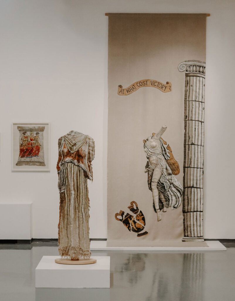 Marilyn Pappas, (from left) "Altar with Three Figures"; "Nevertheless She Persisted I," 2018, cotton, linen, wood; and "Nike, Goddess of Victory," 2004, cotton, linen, gold. (Fuller Craft Museum)