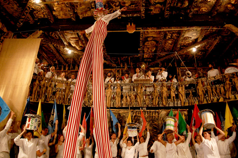 Genevieve Yeuillaz (front row, second from right) performs in Bread and Puppet Circus, Glover, Vermont, Aug. 22, 2010. (©Greg Cook photo)