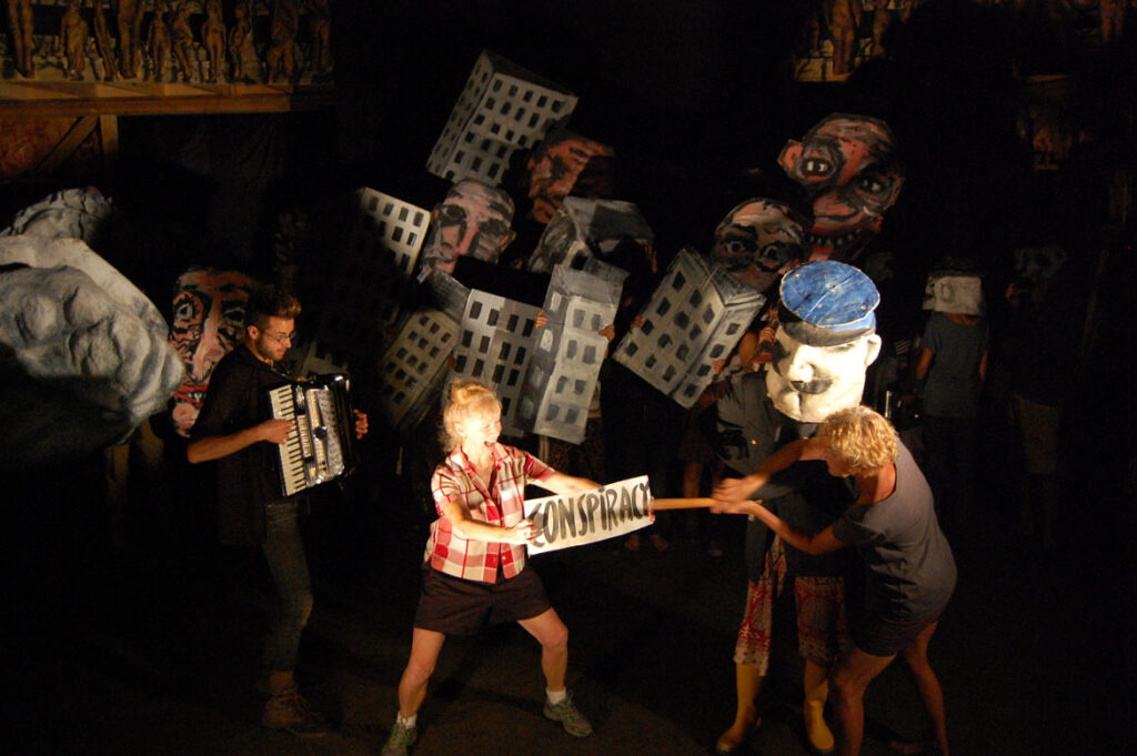 Genevieve Yeuillaz (right) rehearses Bread and Puppet's “The Seditious Conspiracy Theater Presents: A Monument to the Political Prisoner Oscar Lopez Rivera," Glover, Vermont, Aug. 21, 2015. (©Greg Cook photo)